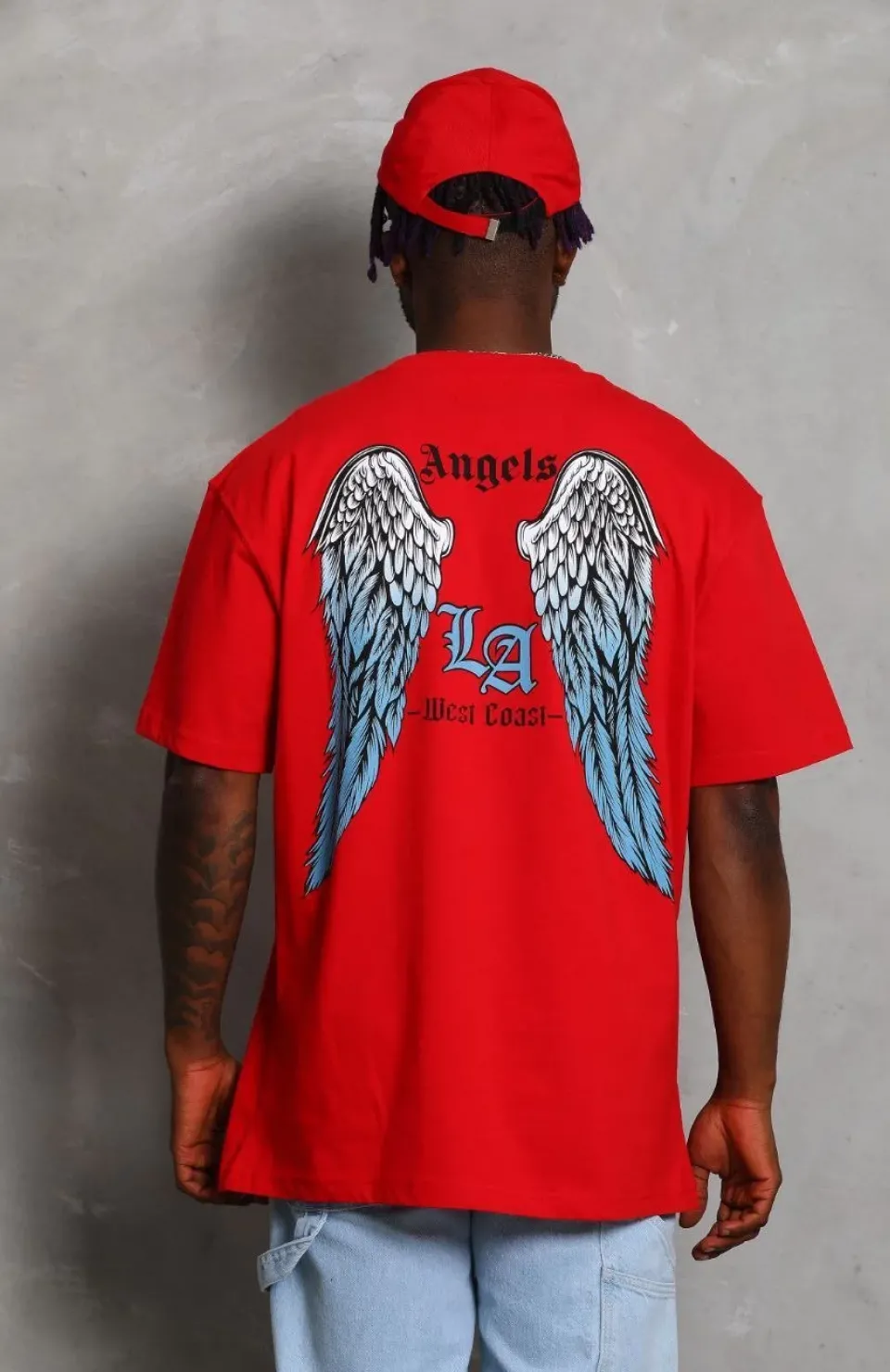 Unisex Oversize Baskılı Bisiklet Yaka T-Shirt - Kırmızı