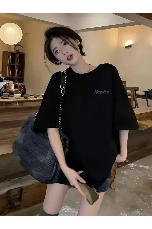 Newtro Baskılı Oversize Bisiklet Yaka T-shirt - Siyah