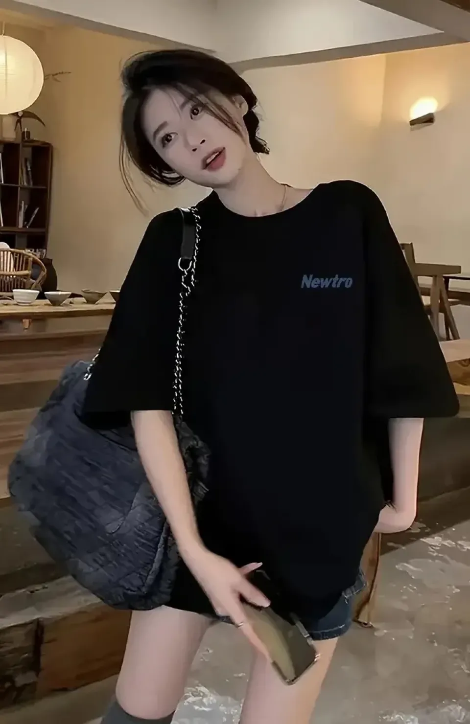 Newtro Baskılı Oversize Bisiklet Yaka T-shirt - Siyah