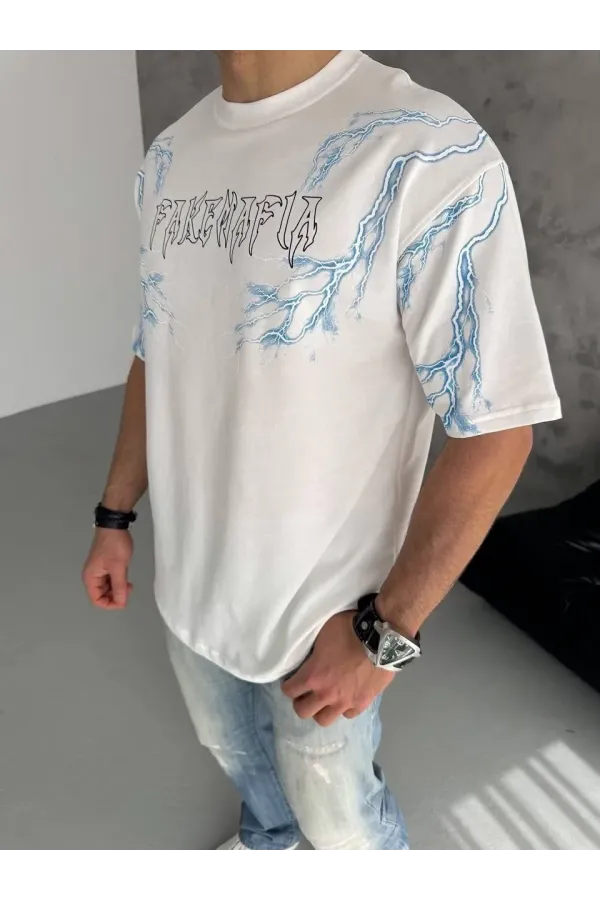 Unisex Bisiklet Yaka Baskılı Oversize T-Shirt - Beyaz