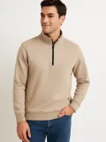 Erkek Dik Yaka Sweatshirt Dik Yaka Yarım Fermuarlı 3 İplik Şardonlu Pamuk Kumaş - Bej
