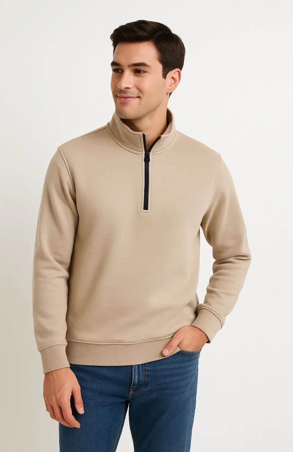 Erkek Dik Yaka Sweatshirt Dik Yaka Yarım Fermuarlı 3 İplik Şardonlu Pamuk Kumaş - Bej