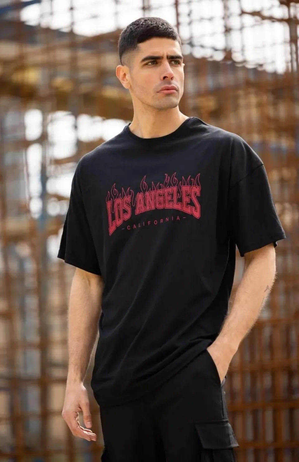 Unisex Bisiklet Yaka Baskılı Oversize T-Shirt - Siyah