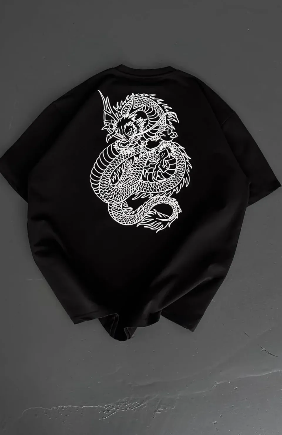 Baskılı Oversize Bisiklet Yaka T-shirt - Siyah