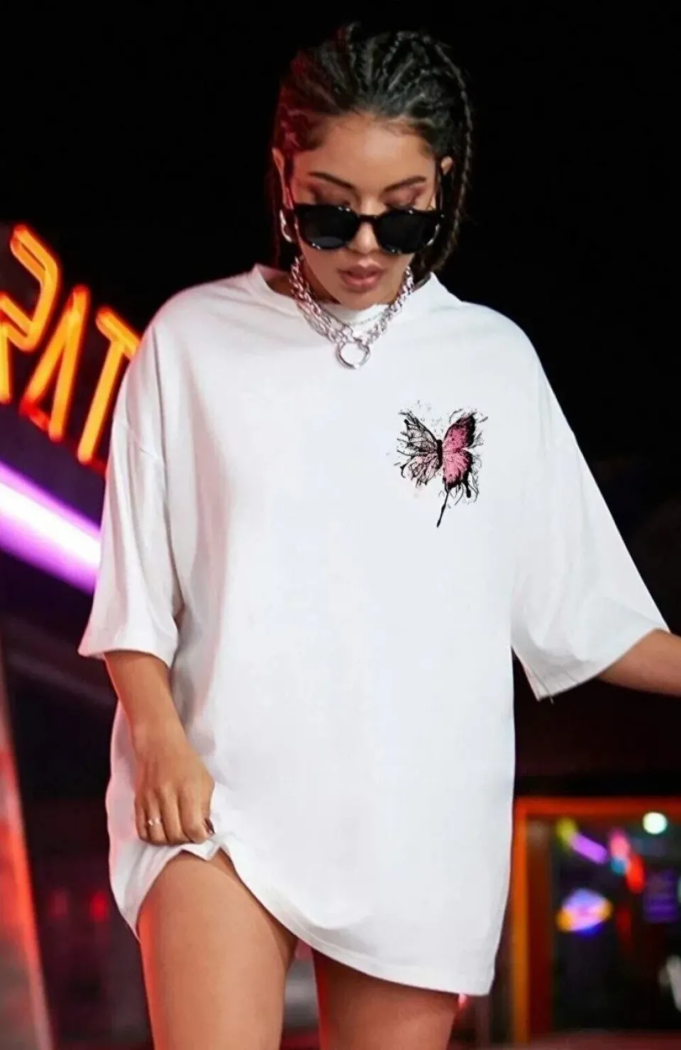 Unisex Baskılı Oversize T-Shirt - Beyaz