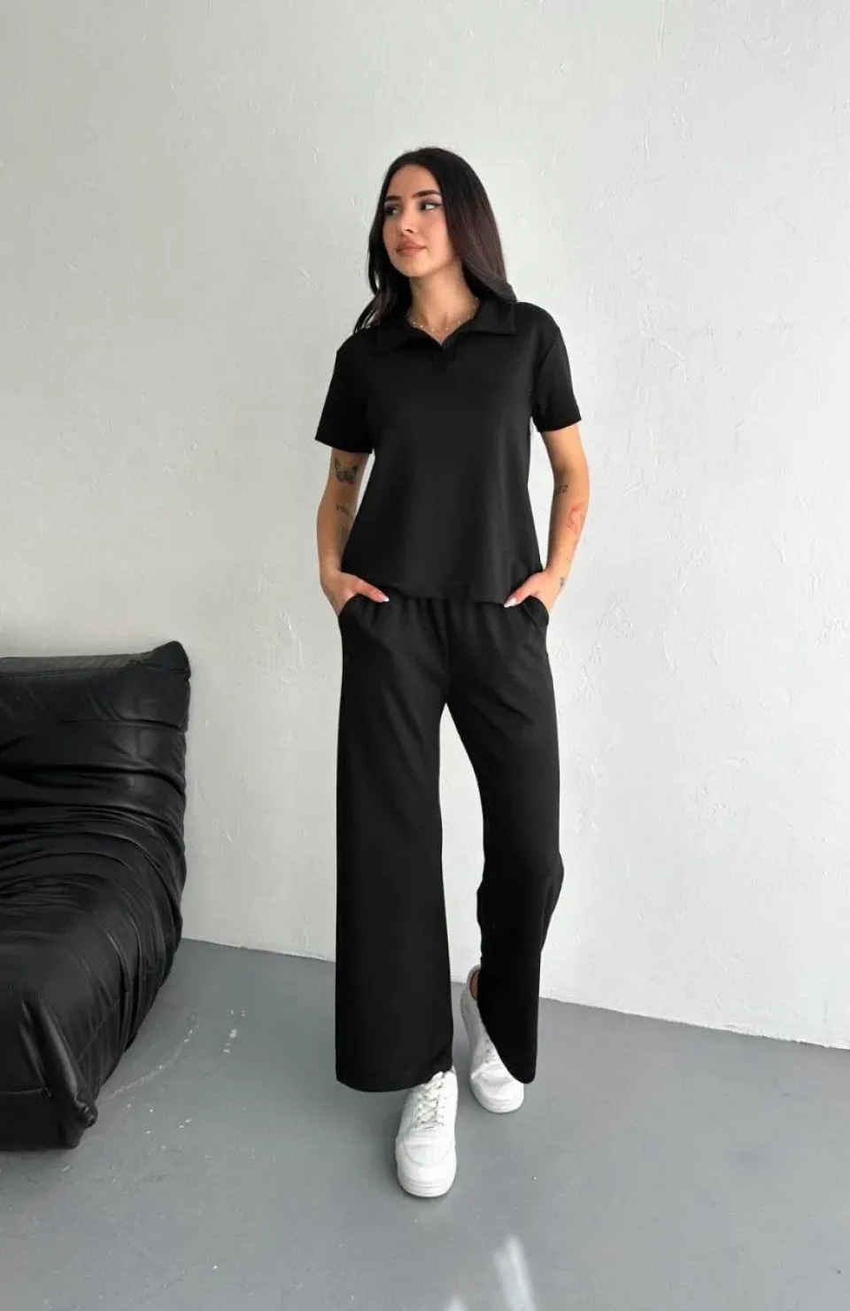 Osy Modal Yumuşak Dokulu Kumaş Kısa Kollu Yakalı T-shirt Pantalon ikili Takım- Siyah