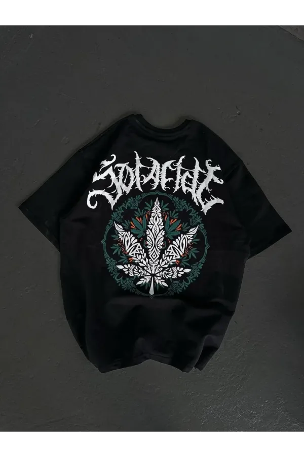 Unisex Bisiklet Yaka Baskılı Oversize T-Shirt - Siyah