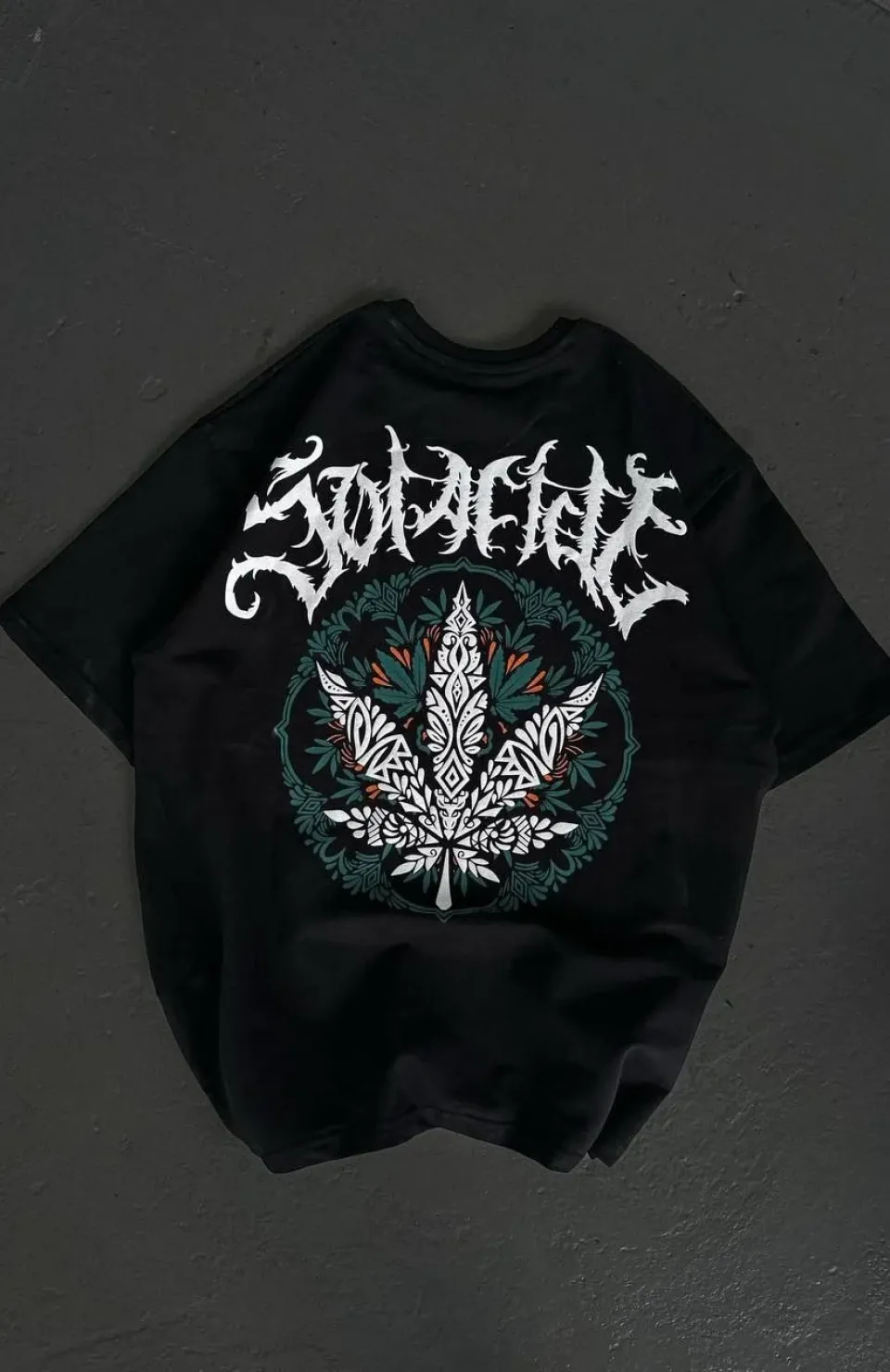 Unisex Bisiklet Yaka Baskılı Oversize T-Shirt - Siyah