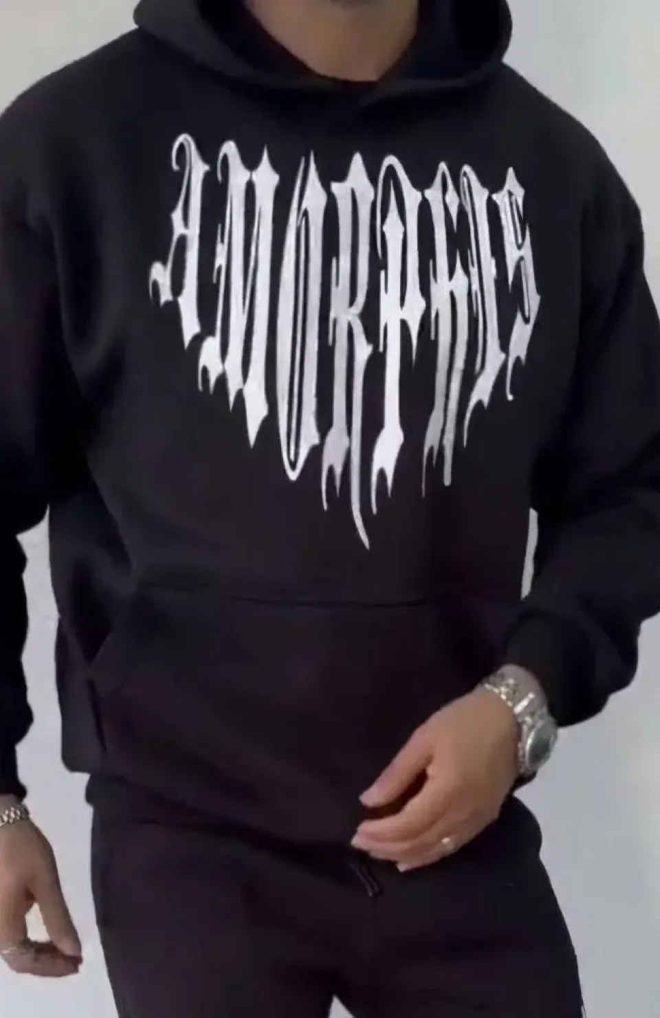 Uzun Kol Kapüşonlu Baskılı SweatShirt - Siyah