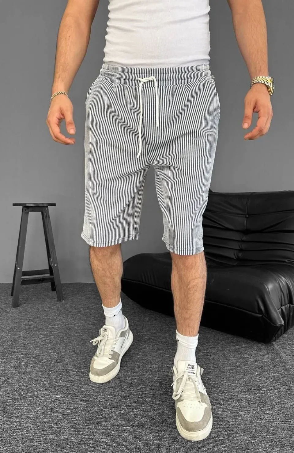 Su Yolu Çizgili Ön Arka Cepli Şort Yazlık Nefes Alabilir - Gri