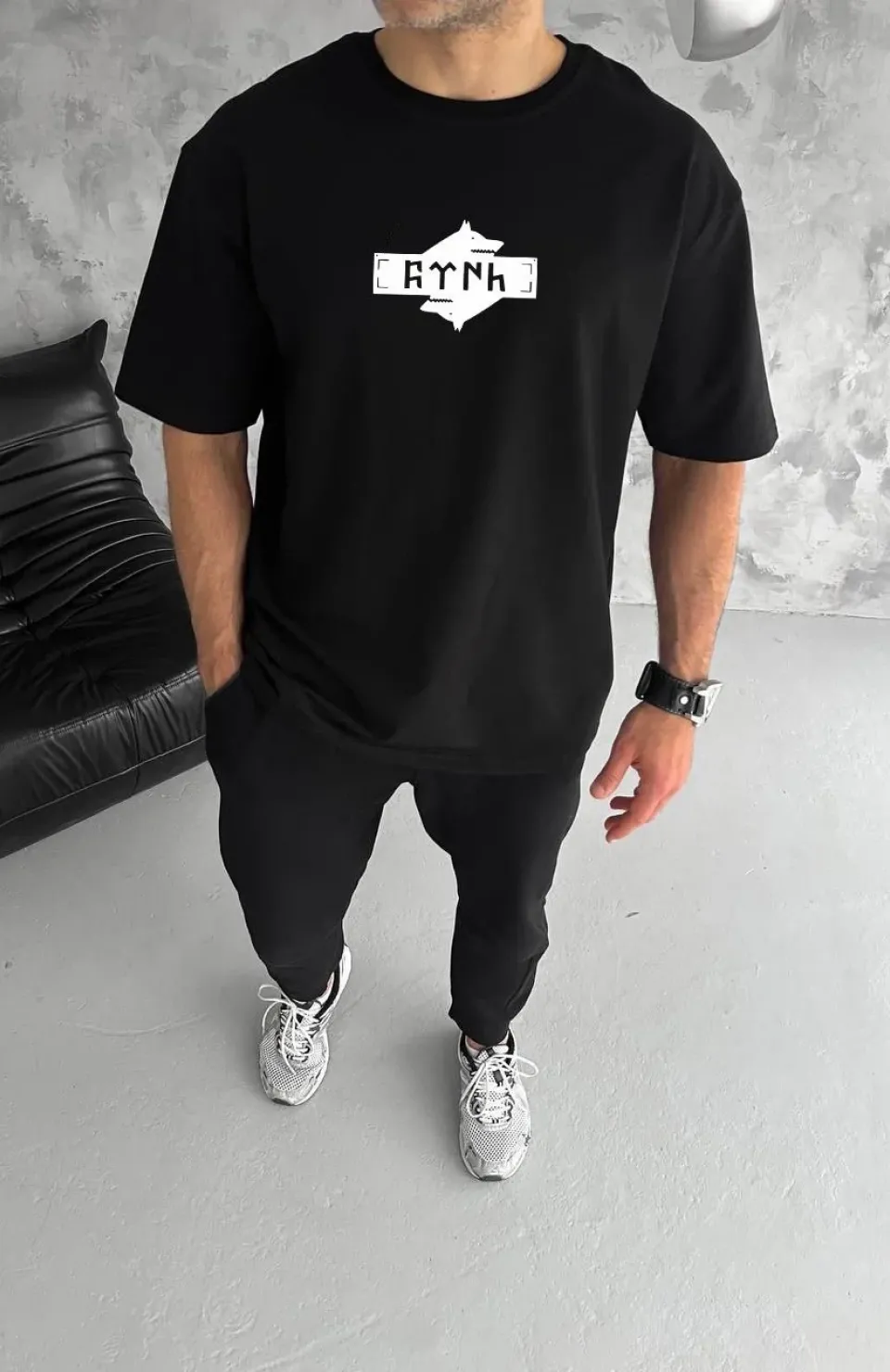 Unisex Bisiklet Yaka Baskılı Double Oversize T-Shirt - Siyah