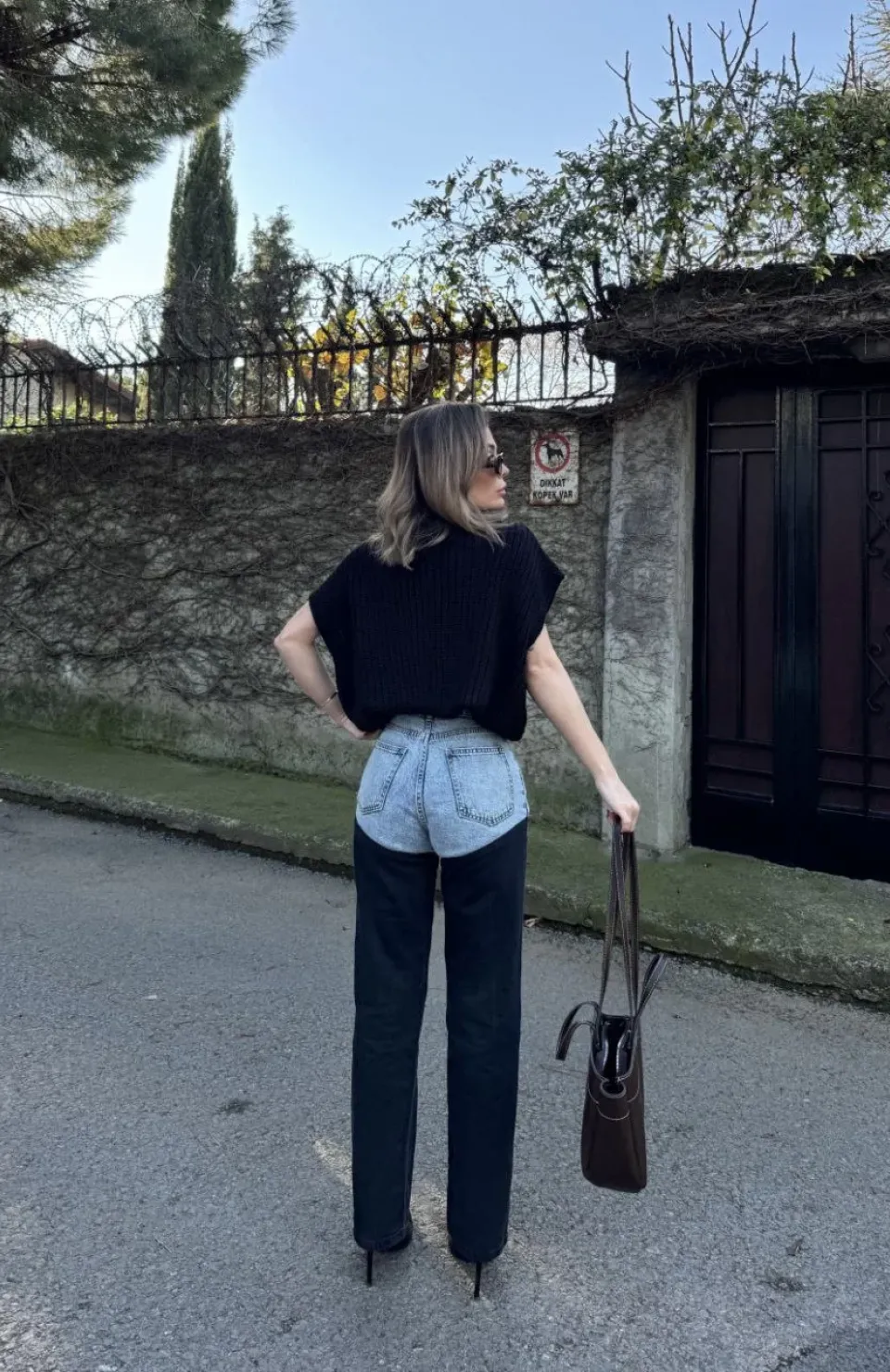 Kadın Jeans Kot Parçalı Palazzo Pantolon - Siyah