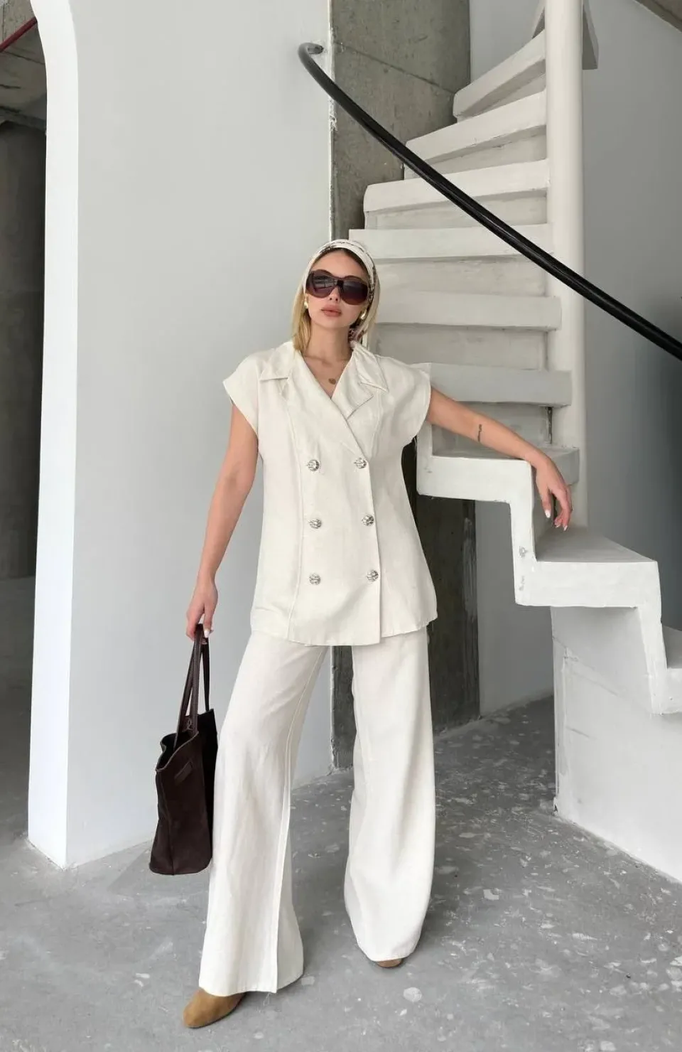 Keten Sıfır Kol Blezer Ceket Pantolon ikili Takım- Beyaz