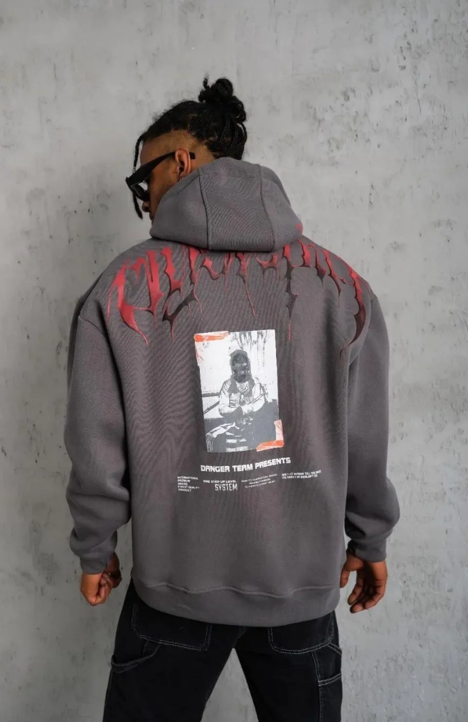 Erkek Ön ve Arka Baskılı Kapüşonlu 3 İplik Sweatshirt - Füme Somersan Giyim | Kadın, Erkek ve Çocuk Moda