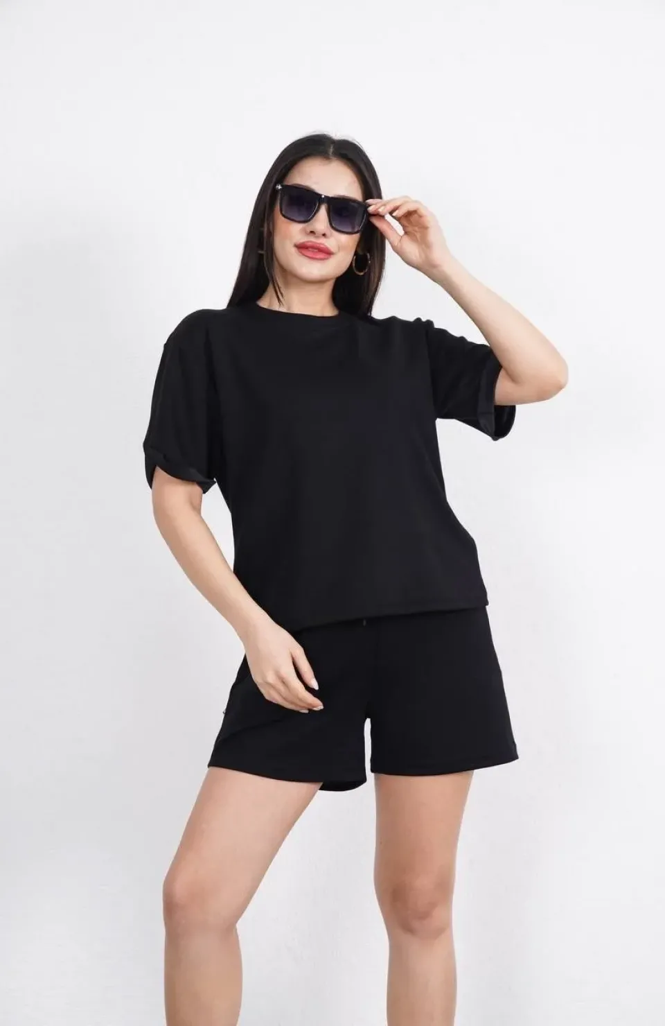 Osy Modal yumuşak dokulu Kumaş Kadın Bisiklet Yaka T-shirt Kısa Şort İkili Takım - Siyah