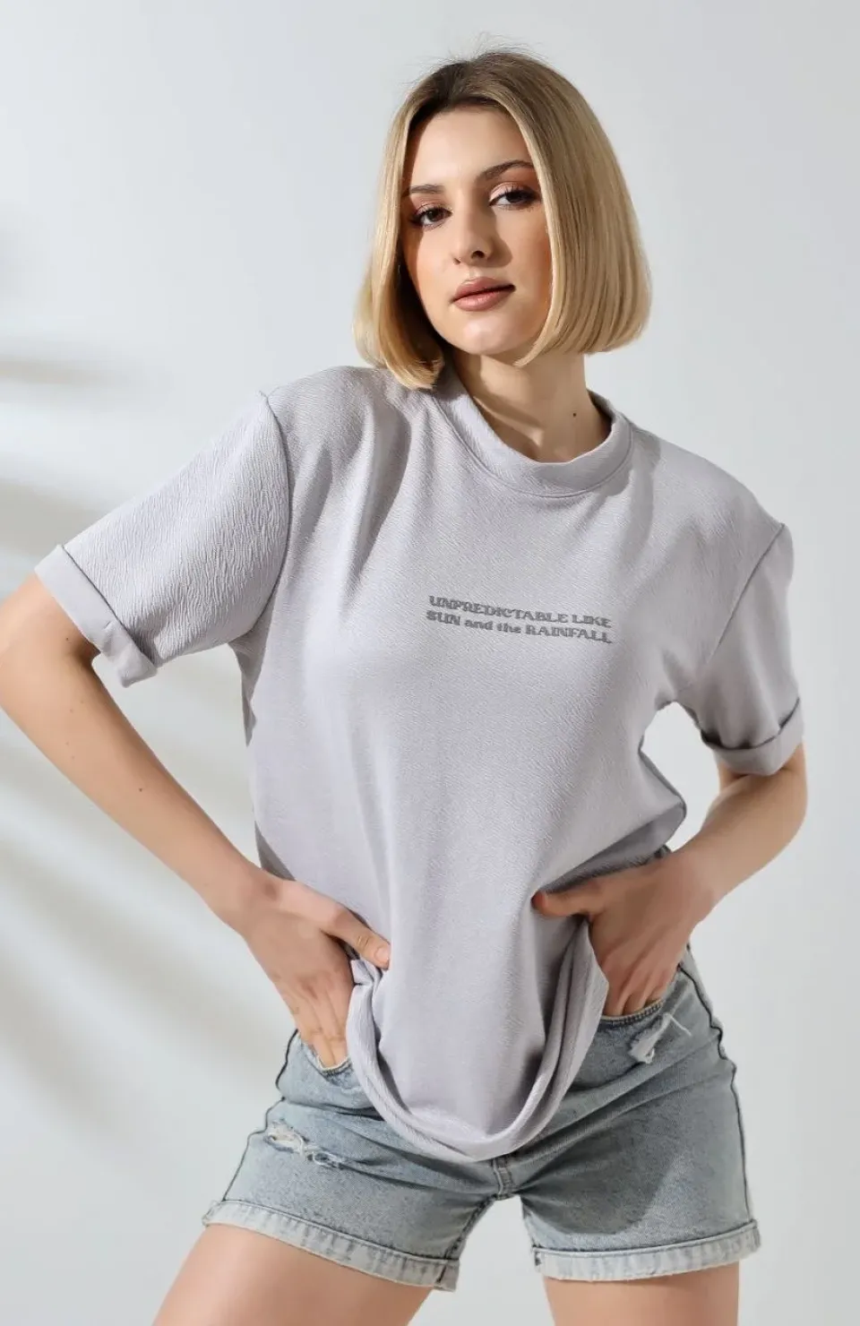 Unisex Bisiklet Yaka Baskılı Slim Fit T-Shirt - Boyalı Gri