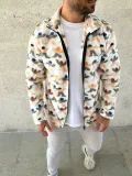Erkek Tam Fermuarlı Desenli Polar Sweat – Siyah Multicolor Figür Desen Yakalı, Uzun Kollu, Oversize Rahat Kalıp- Beyaz