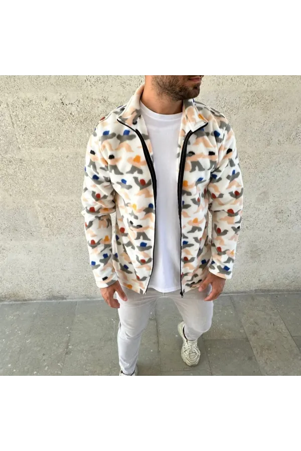 Erkek Tam Fermuarlı Desenli Polar Sweat – Siyah Multicolor Figür Desen Yakalı, Uzun Kollu, Oversize Rahat Kalıp- Beyaz