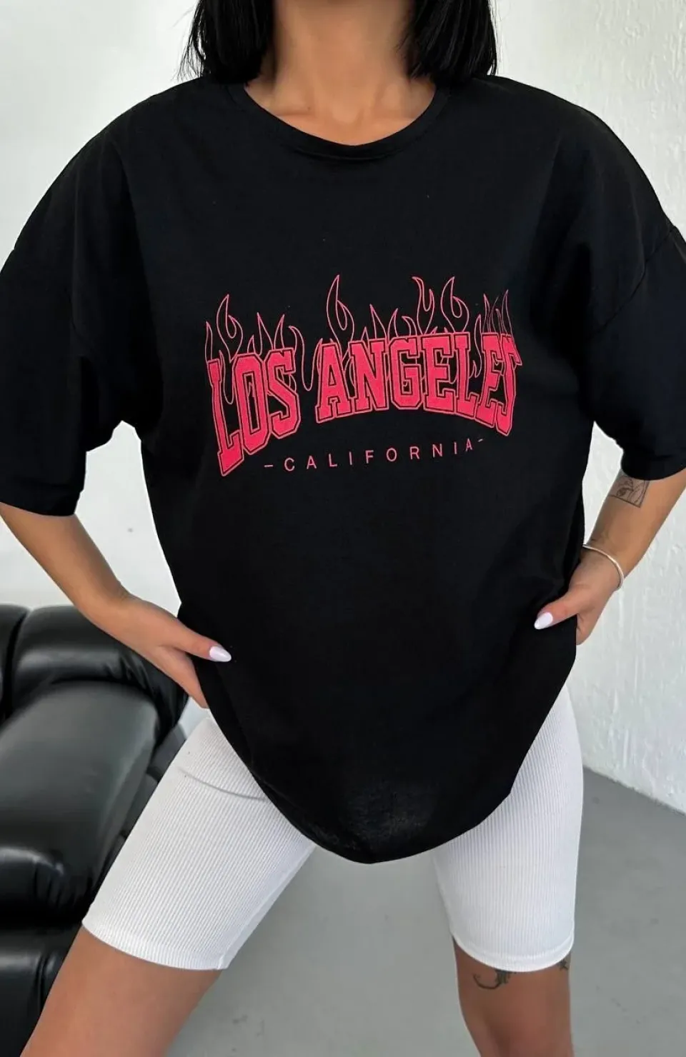 Unisex Bisiklet Yaka Baskılı Oversize T-Shirt - Siyah