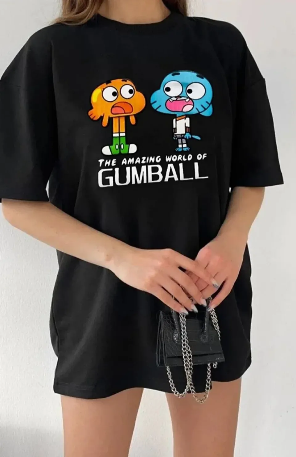 Kadın Bisiklet Yaka Baskılı Oversize T-Shirt - Siyah