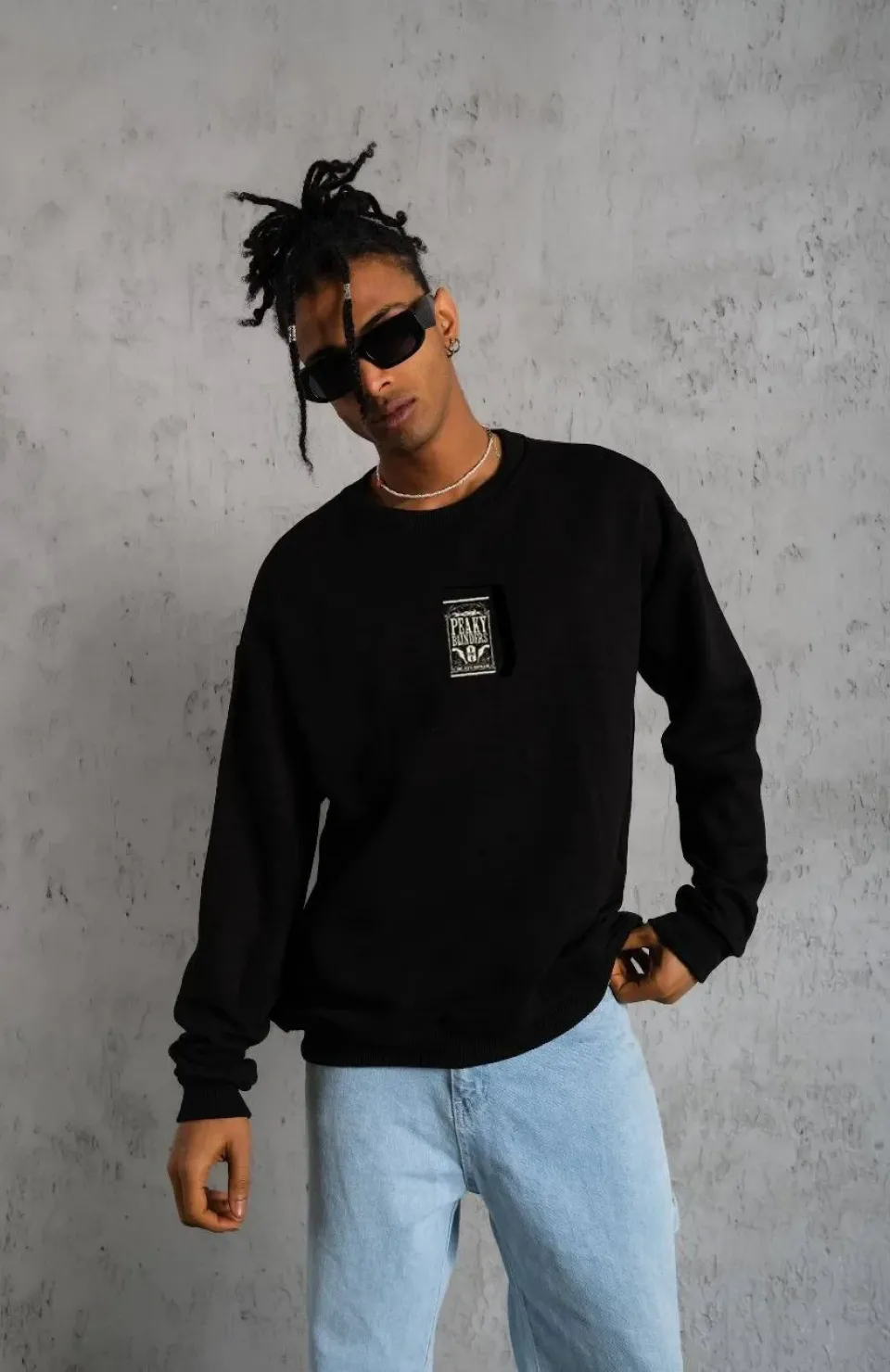 Unisex Bisiklet Yaka Baskılı Oversize Sweatshirt - Siyah