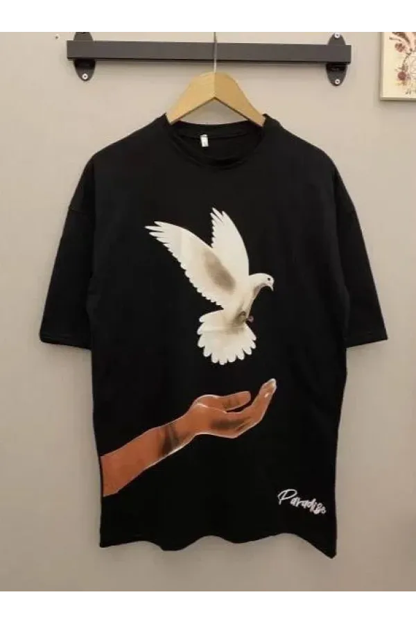 Kadın Dijital Baskılı T-Shirt - Siyah
