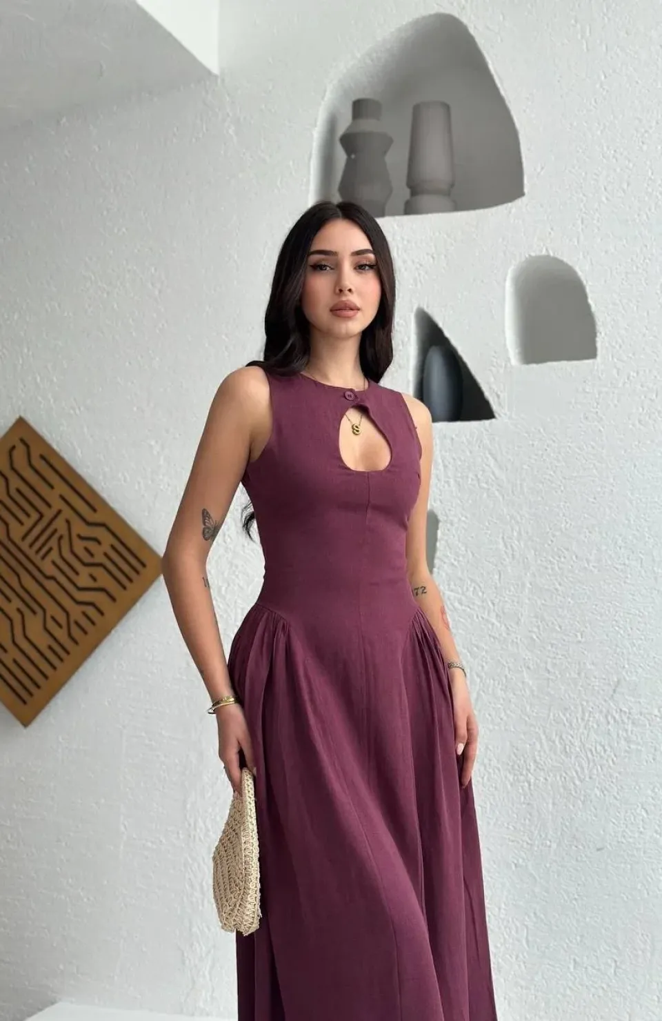 Kolsuz Uzun Kabardin Elbise - Bordo