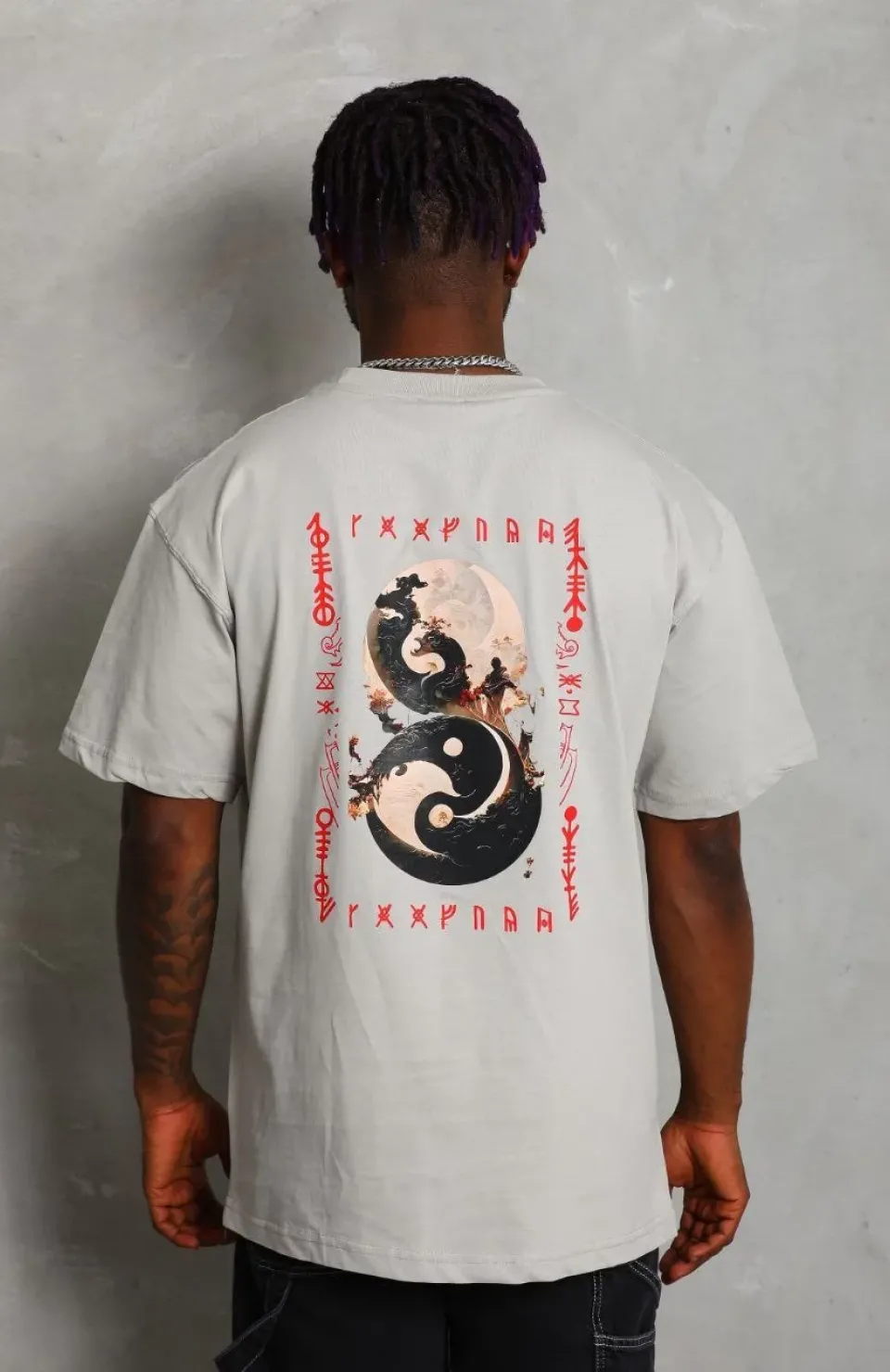 Unisex Oversize Baskılı Bisiklet Yaka T-Shirt - Gri