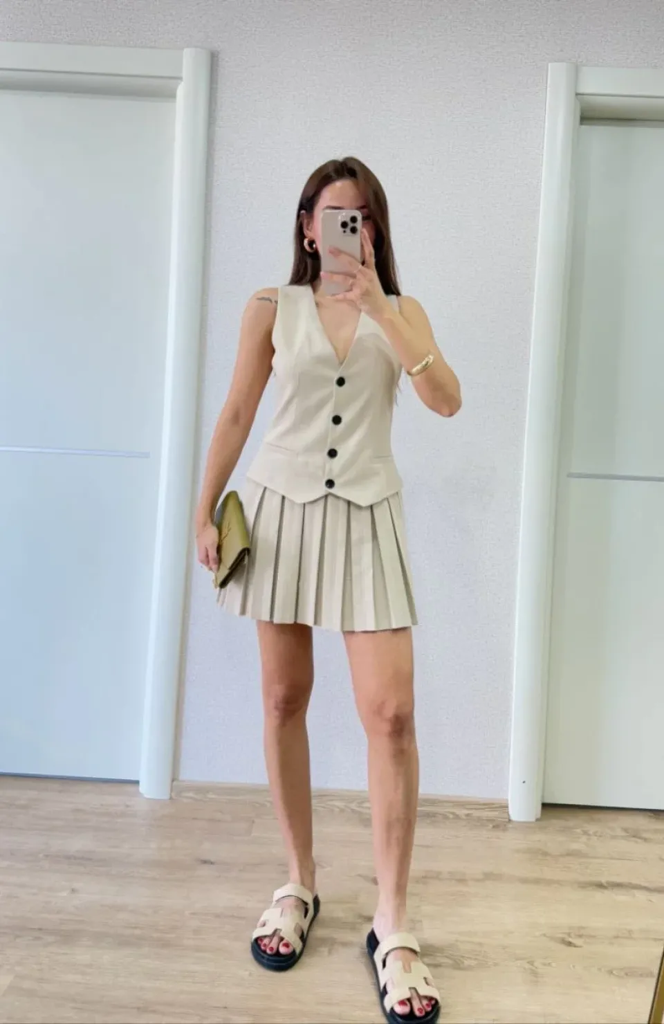 Keten Takım Görünümlü Düğme Detaylı Yelekli Mini Elbise - Bej