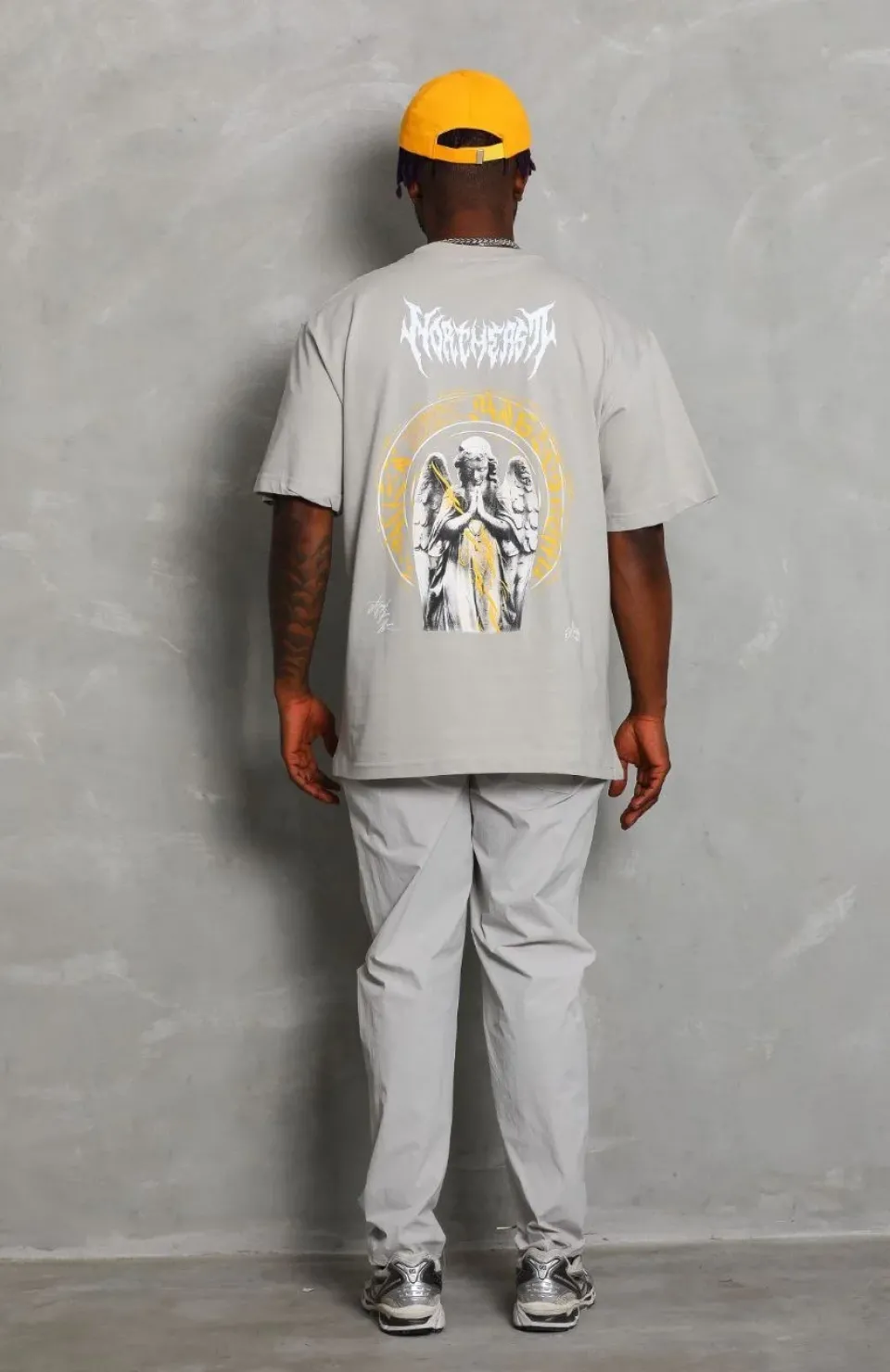 Unisex Oversize Baskılı Bisiklet Yaka T-Shirt - Gri