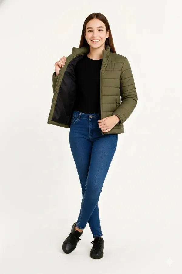 Kız Çocuk Şişme Mont Hafif ve Sıcak Tutucu Kışlık Fermuarlı Su İtici Rahat Günlük Mont Kapüşonuz Modern Tasarım - Haki