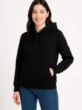 Kadın Üç İplik Kapüşonlu Kanguru Cepli Sweatshirt hoodie - Siyah