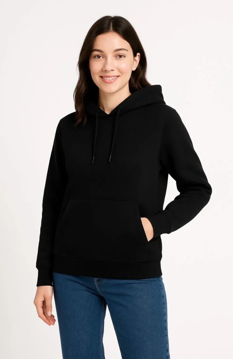 Kadın Üç İplik Kapüşonlu Kanguru Cepli Sweatshirt hoodie - Siyah