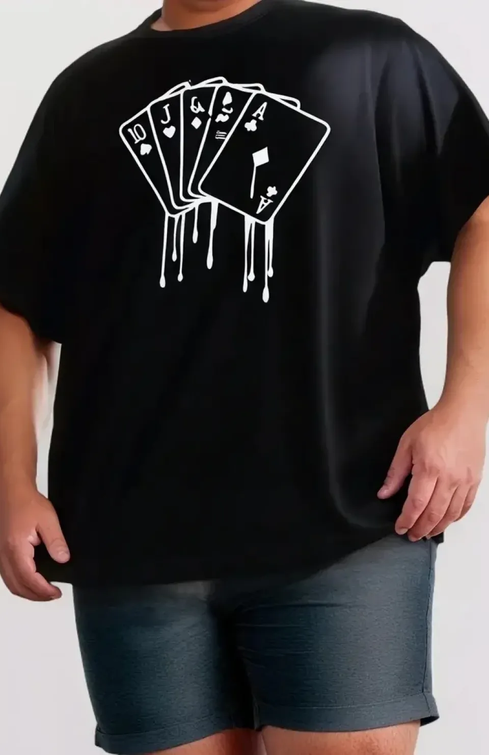 erkek büyük beden Kart baskılı düz renk kısa kollu bisiklet yaka tişört gündelik giyim - Siyah