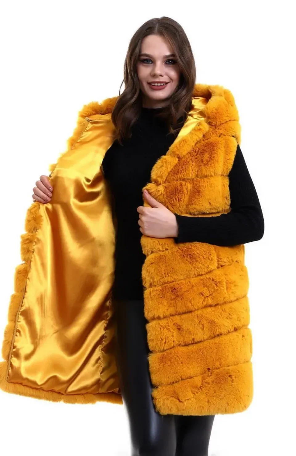Kadın Kapşonlu Peluş Kürk Yelek Premium Kalite, Tam Astarlı, Uzun Model - Sarı