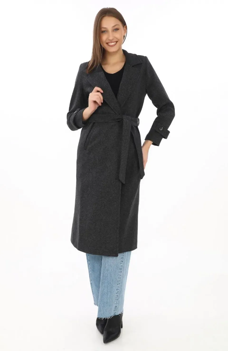 Kadın Astarlı Balık Sırtı Kaşmir Kaşe Kaban - Siyah