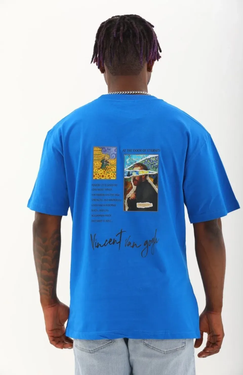 Unisex Oversize Baskılı Bisiklet Yaka T-Shirt - Mavi