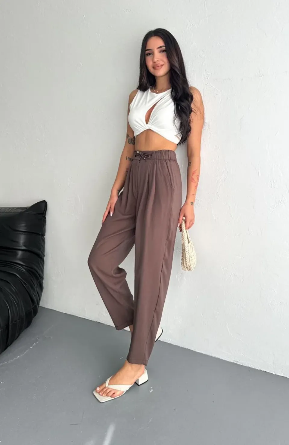 Kadın Yüksel Bel Rahat Boru Paça Pantalon - Kahverengi