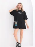 Unisex Bisiklet Yaka Baskılı Oversize T-Shirt - Siyah