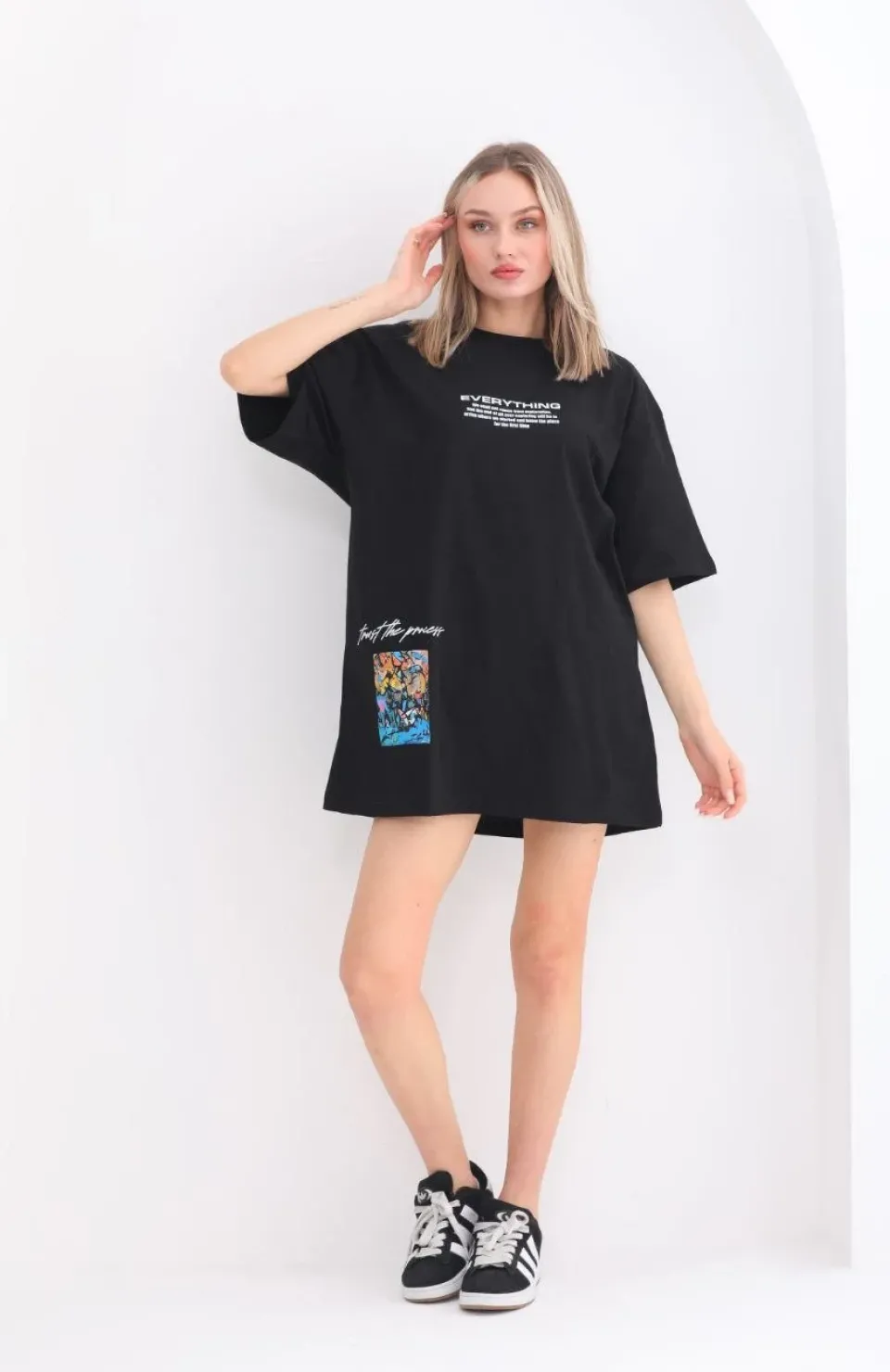 Unisex Bisiklet Yaka Baskılı Oversize T-Shirt - Siyah