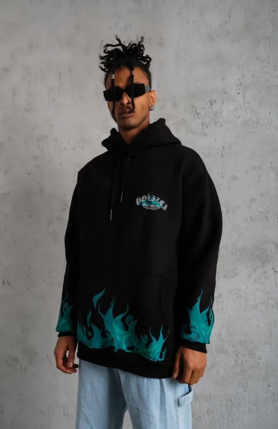 Erkek Üç İplik İçi Pamuklu Alev Baskılı Kapüşonlu Sweatshirt - Siyah Somersan Giyim | Kadın, Erkek ve Çocuk Moda