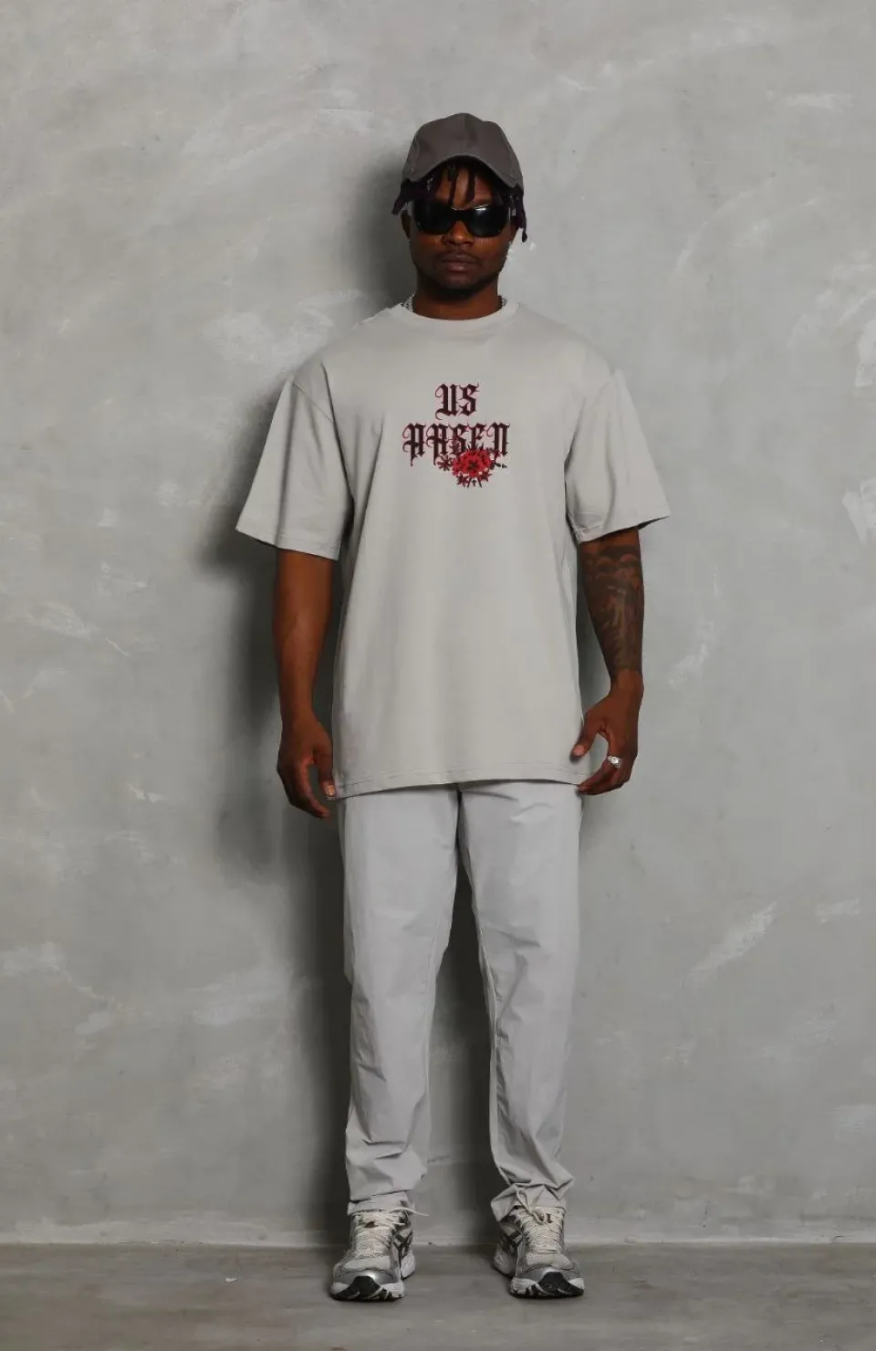 Unisex Oversize Baskılı Bisiklet Yaka T-Shirt - Gri