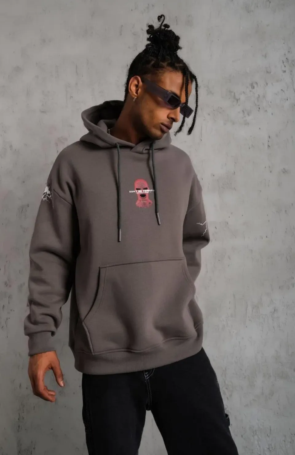 Erkek Maske Baskılı Kapüşonlu Sweat - Gri Somersan Giyim | Kadın, Erkek ve Çocuk Moda