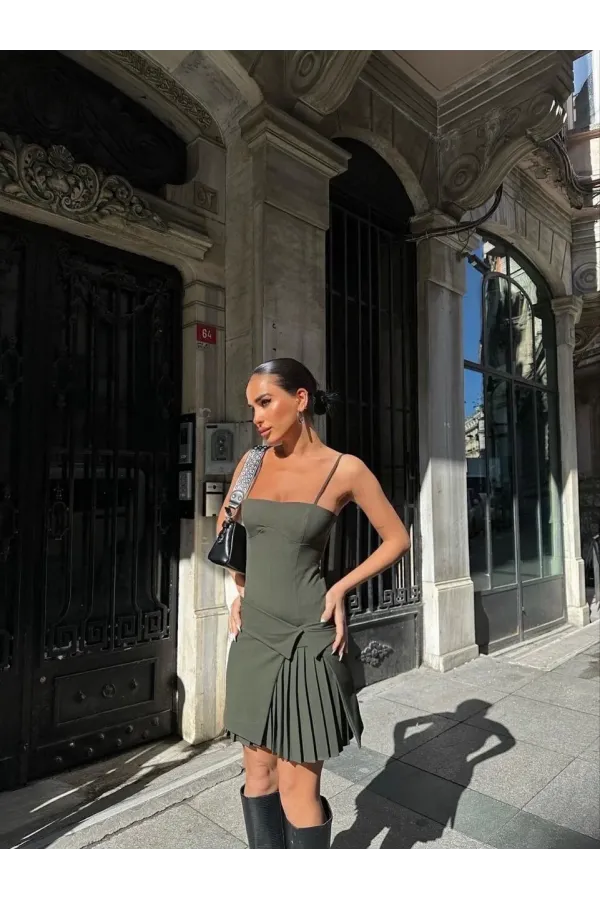 İki Parçalı Pileli Askılı Kadın Mini Elbise - Haki