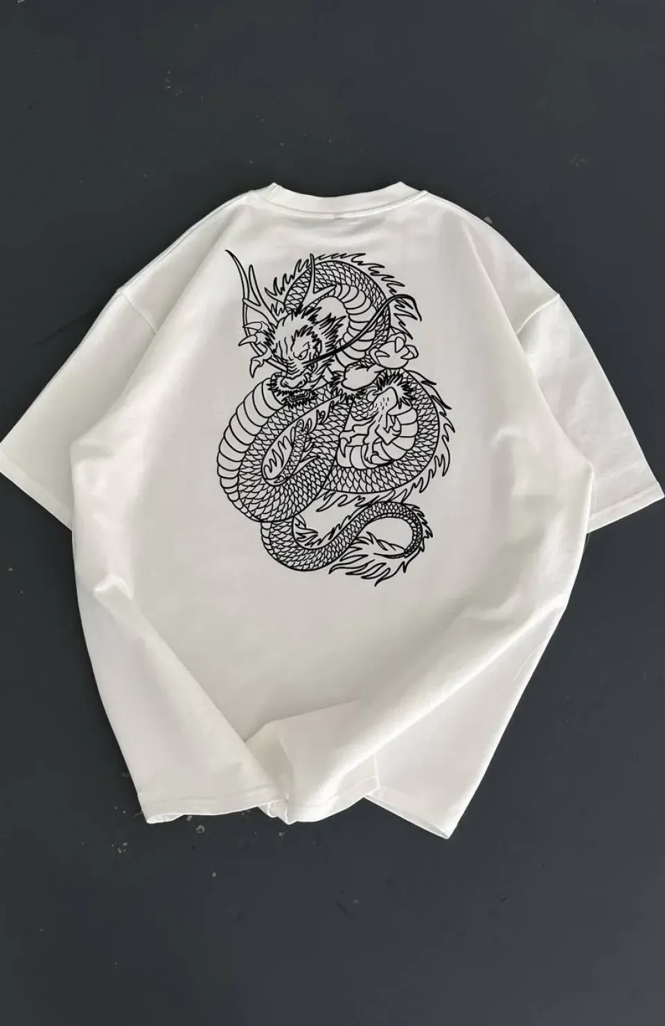 Baskılı Oversize Bisiklet Yaka T-shirt - Beyaz