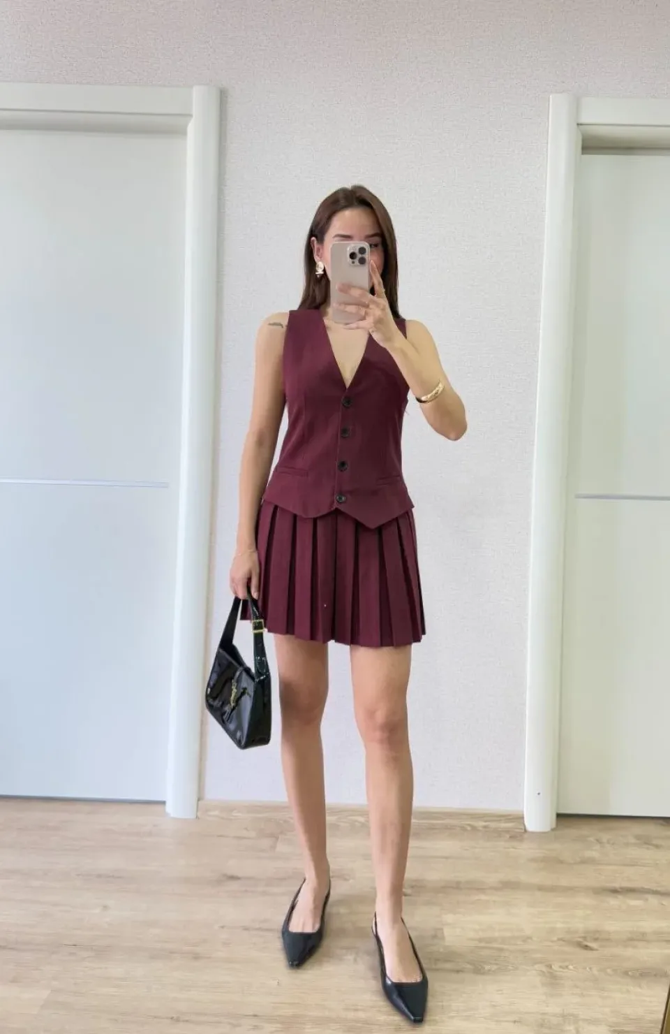 Keten Takım Görünümlü Düğme Detaylı Yelekli Mini Elbise - Bordo