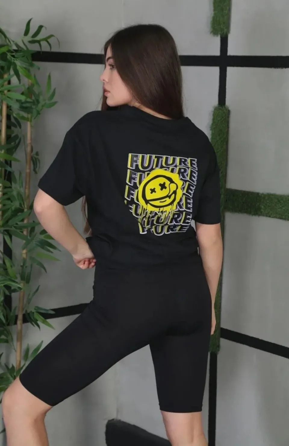 Unisex Bisiklet Yaka Baskılı Oversize T-Shirt - Siyah