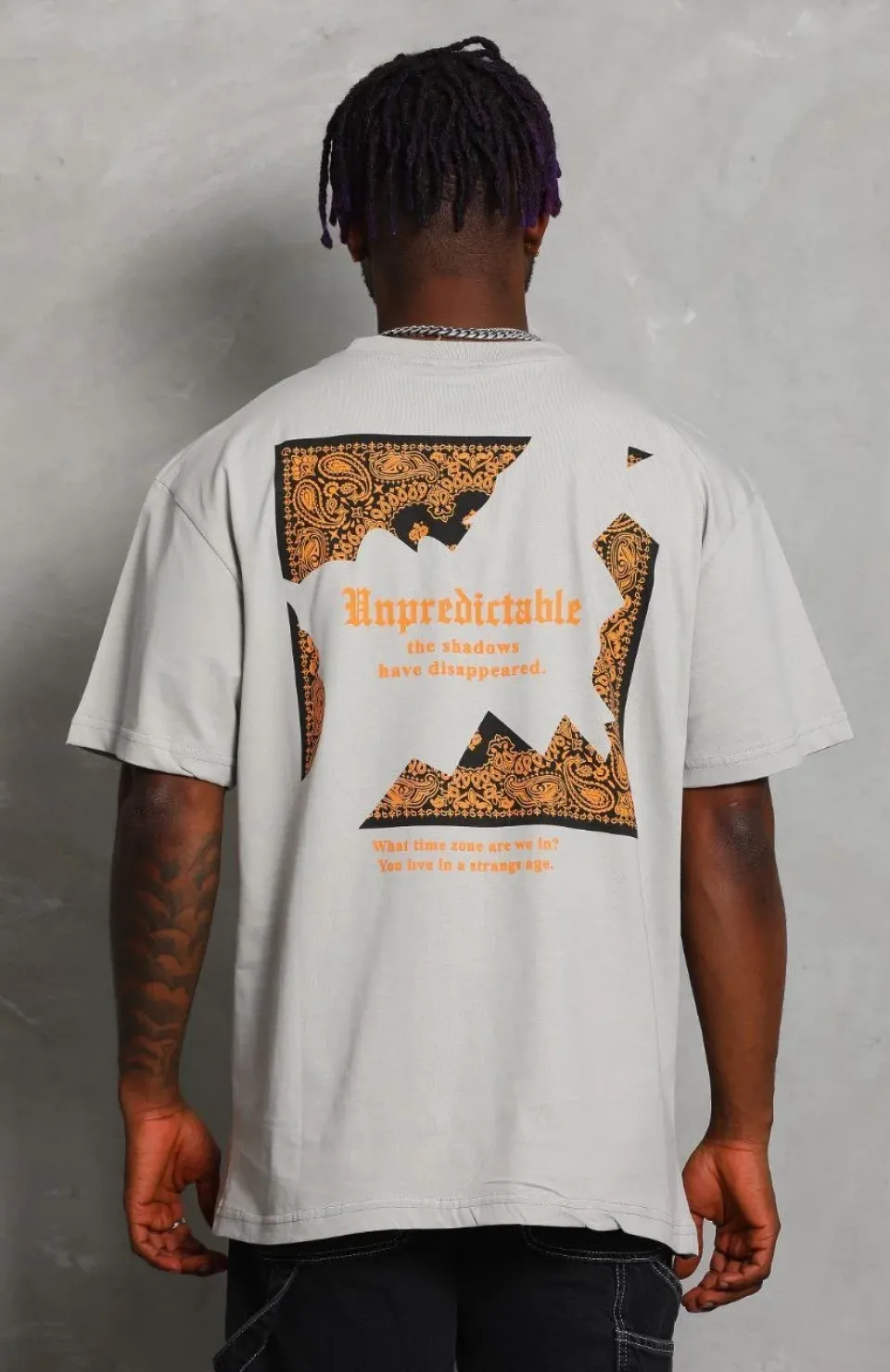 Unisex Oversize Baskılı Bisiklet Yaka T-Shirt - Gri