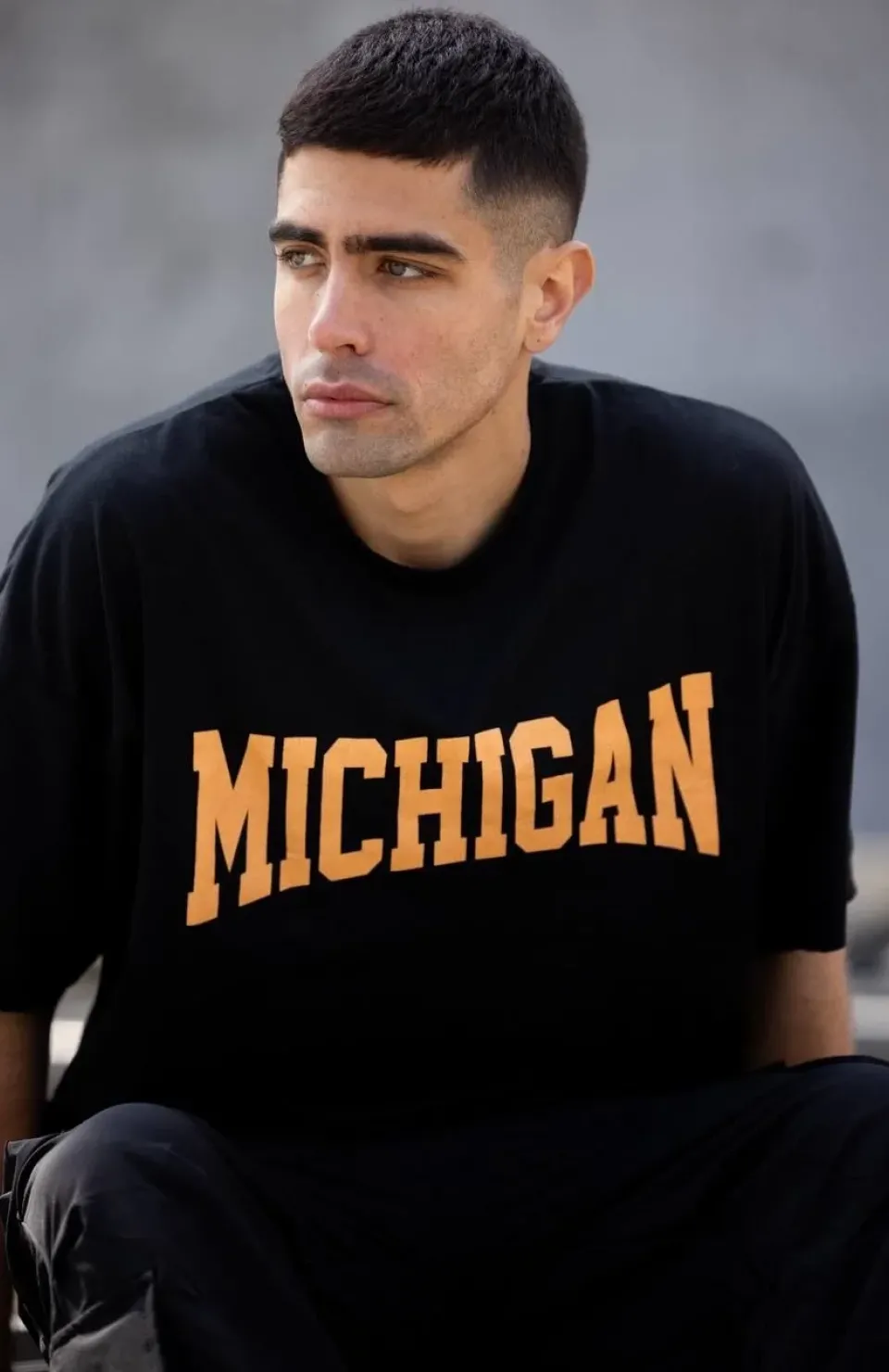 Unisex Bisiklet Yaka Baskılı Oversize T-Shirt - Siyah