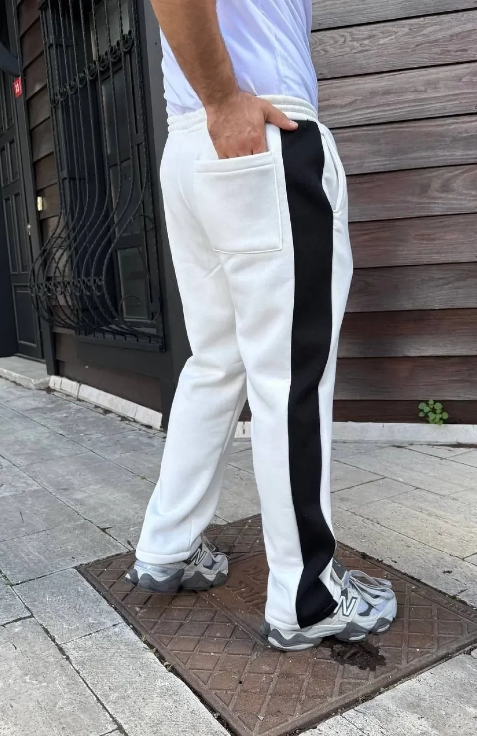 Erkek Üç İplik Kışlık Pamuklu Yandan Garneli Kalın Şeritli Cepli Eşofman Altı - Beyaz